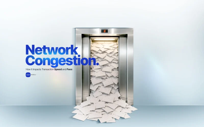 Elevator filled with envelopes representing blockchain network congestion