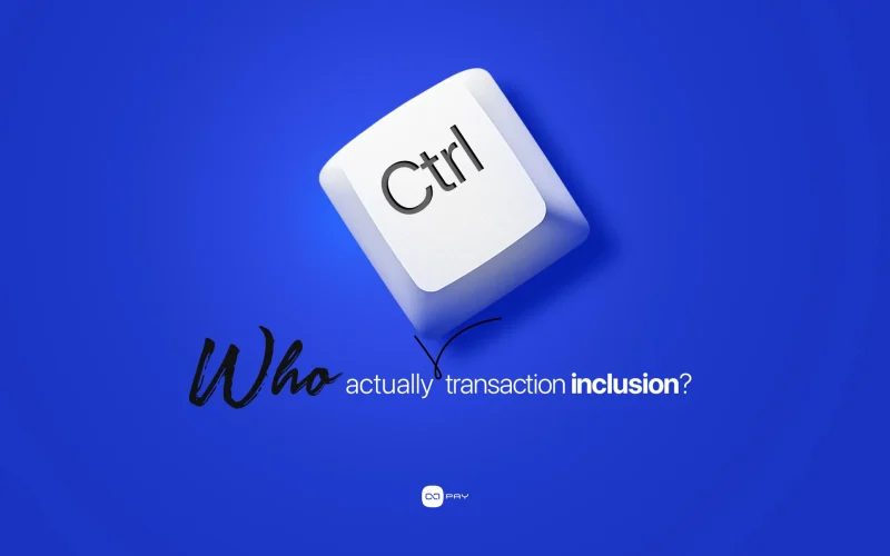 Blue background with keyboard key labeled Ctrl and text asking who controls transaction inclusion