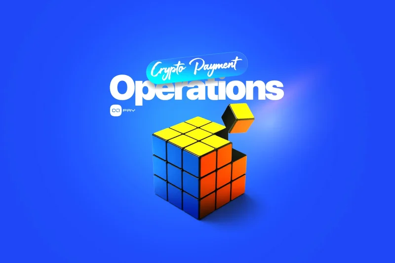 Crypto payment operations represented by a structured cube with connected payment processes